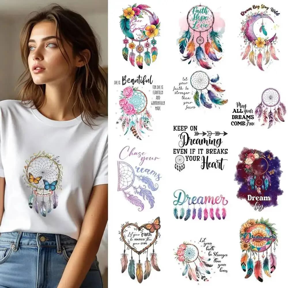25CM Colored Feathers Flower Dream Catcher Heat Transfer Patches For Clothes DIY A-Level Washable Shirt Iron-on Thermal Stickers