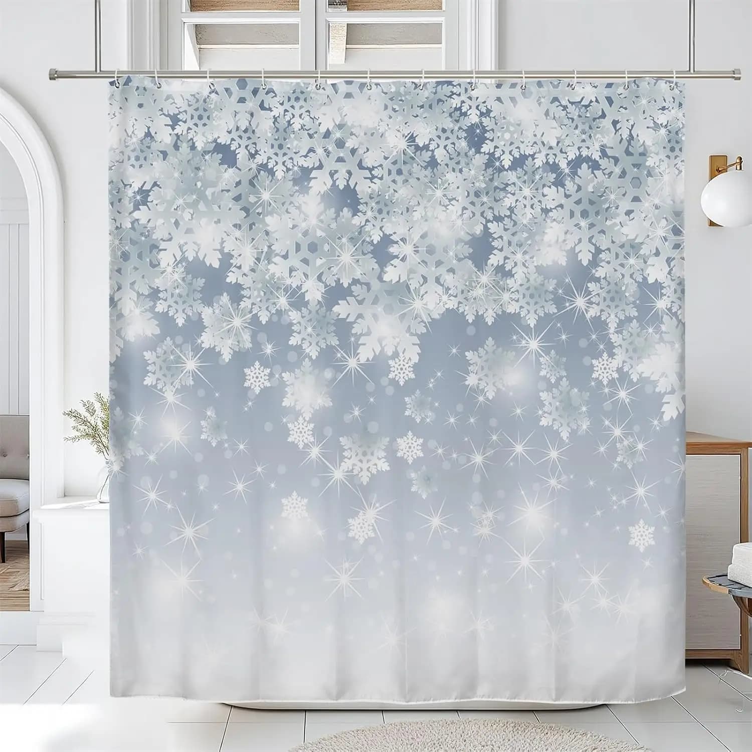Tenda da doccia con fiocco di neve Modello per le vacanze invernali Design blu bianco Decorazioni natalizie Accessori per il bagno Tessuto impermeabile 150x200
