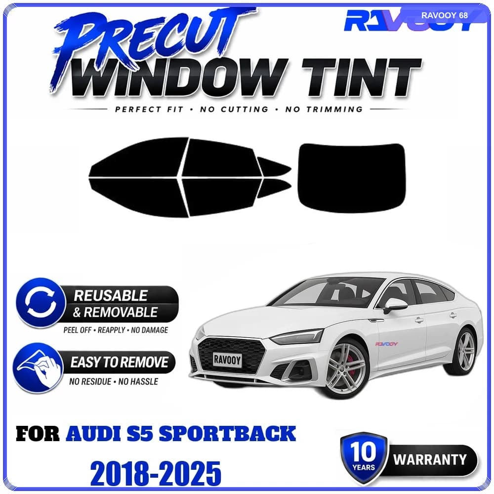 RAVOOY Precut Window Tint, Reusable Removable EPU Film, Custom Fit for Audi S5 Sportback 2018-2025, UV Heat Protection