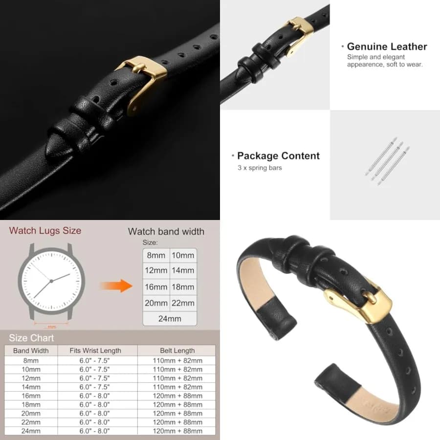 Multi-sizes Genuine Leather Band, Flat Thin Elegant Leather Watch Strap for Men and Women, 8mm, Black/Gold Tone