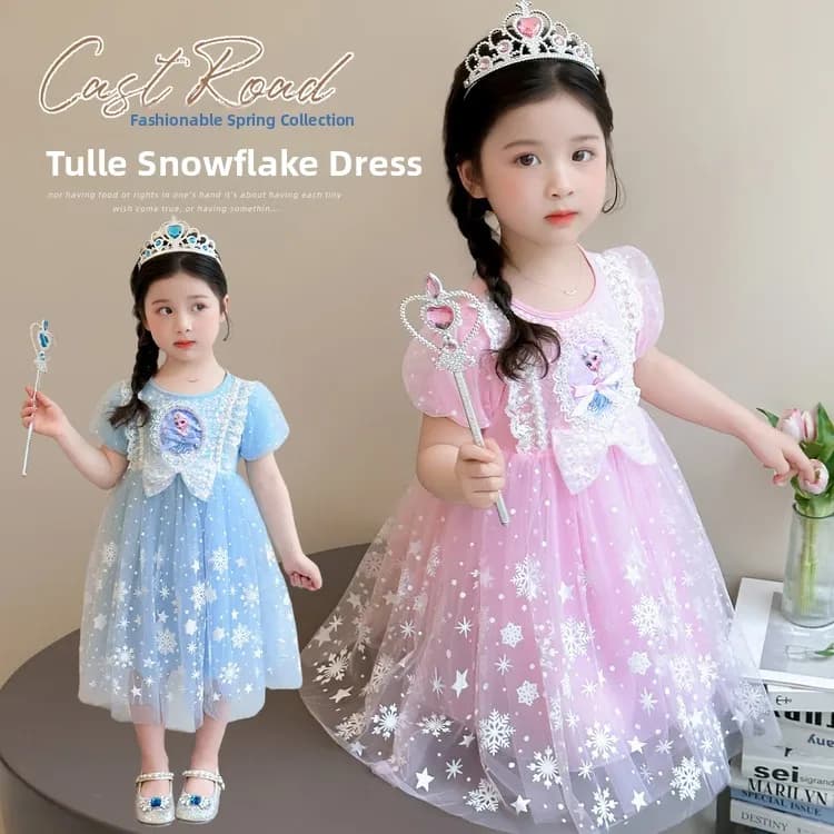 Vestito da Principessa Elsa per Bambine, Abbigliamento Estivo a Maniche Corte in Misto Cotone-Poliestere, Gonna Midi Elasticizzata con Spalline