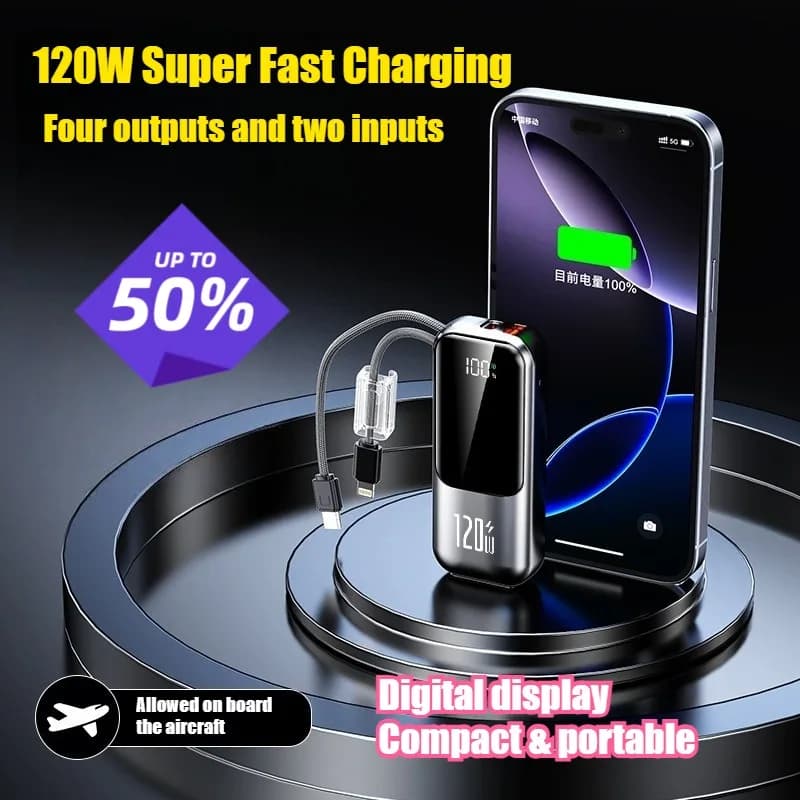 Power Bank Portatile Mini da 22.5W 20000mAh con Ricarica Super Veloce, Display Digitale e Cavo di Ricarica Integrato