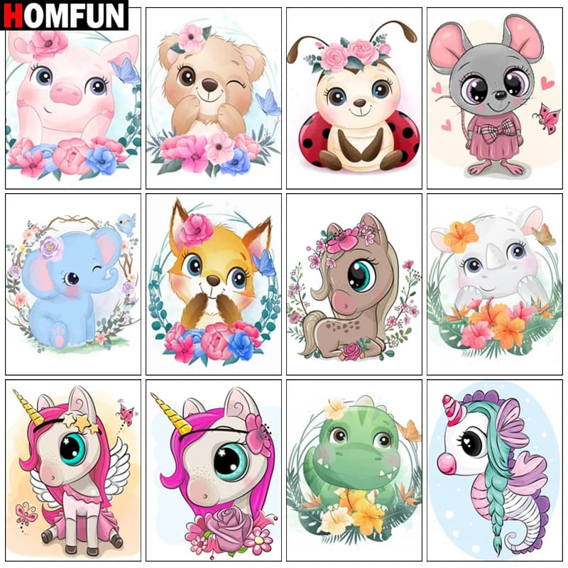 HOMFUN 5D Diamond Embroidery Needlework Kit "Pig Horse Elephant" Diy Diamond Painting Cross Stitch Home Decoration Gift