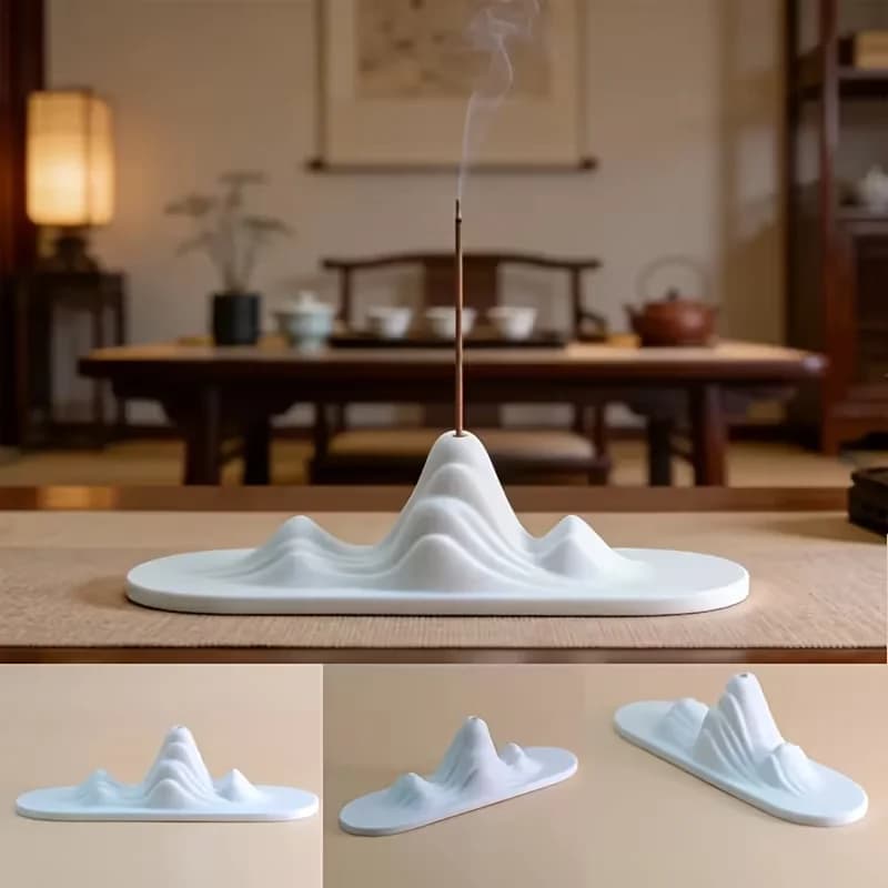 3D Printed Mountain Shape Incense Holder White Ceramic Look Stick Incense Burner Minimalist Zen Aroma Ornament for Home Tea Room