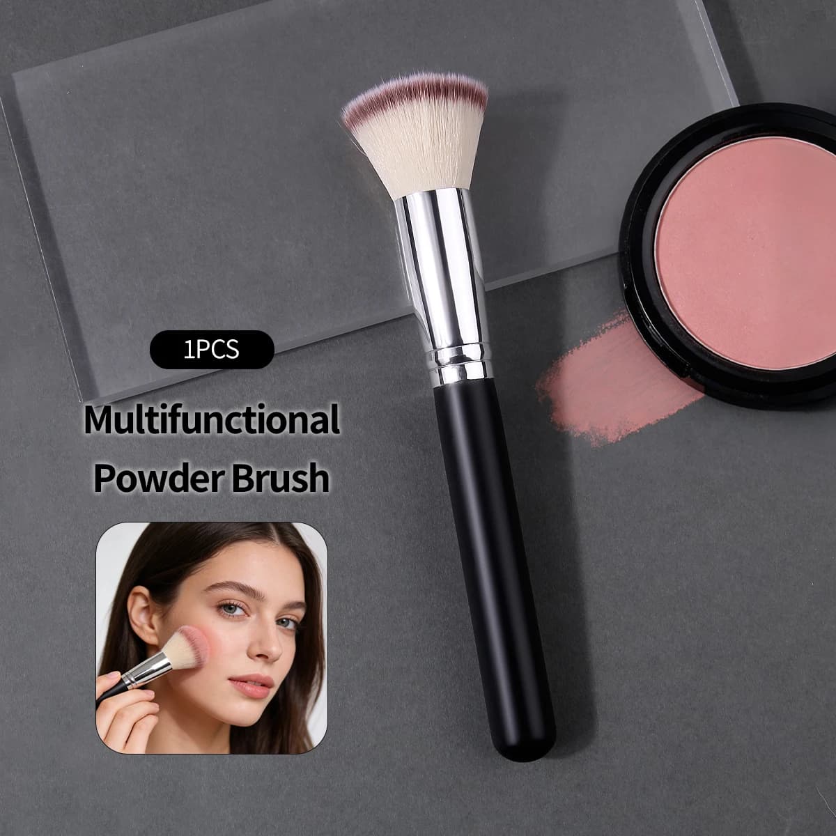 1 brush to contouring face with flat tip - Double use for powder and light, portable face makeup brush for travel, versatile beauty tool for beginners