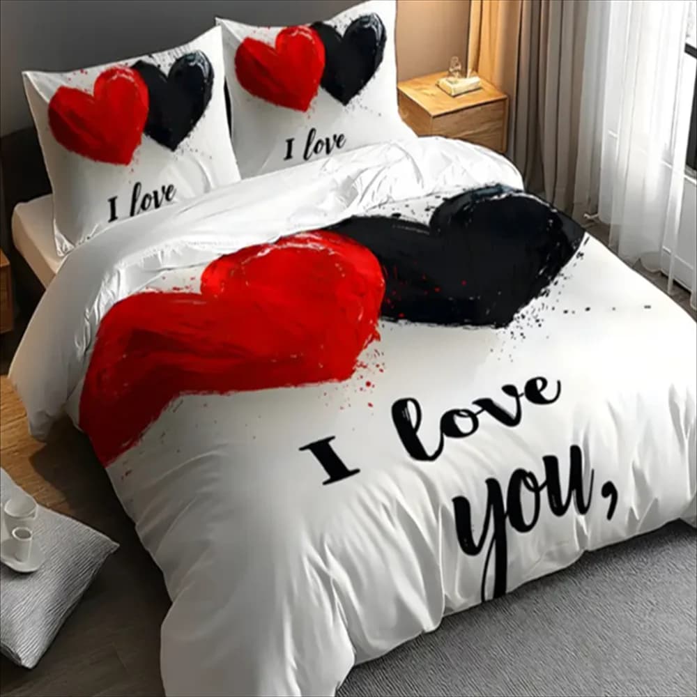 3D Love Heart Design Duvet Cover Set, 100% Polyester, Abstract Pattern, All-Season Soft Sanded Fabric Digital Bedding Set