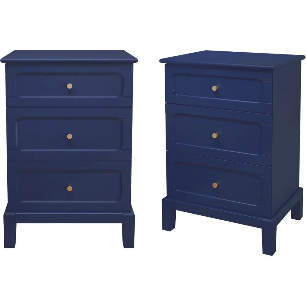 Comodini vintage da 20'' di larghezza, 3 cassetti, set di 2, comodini in legno con manici in metallo dorato, tavolini alti, blu