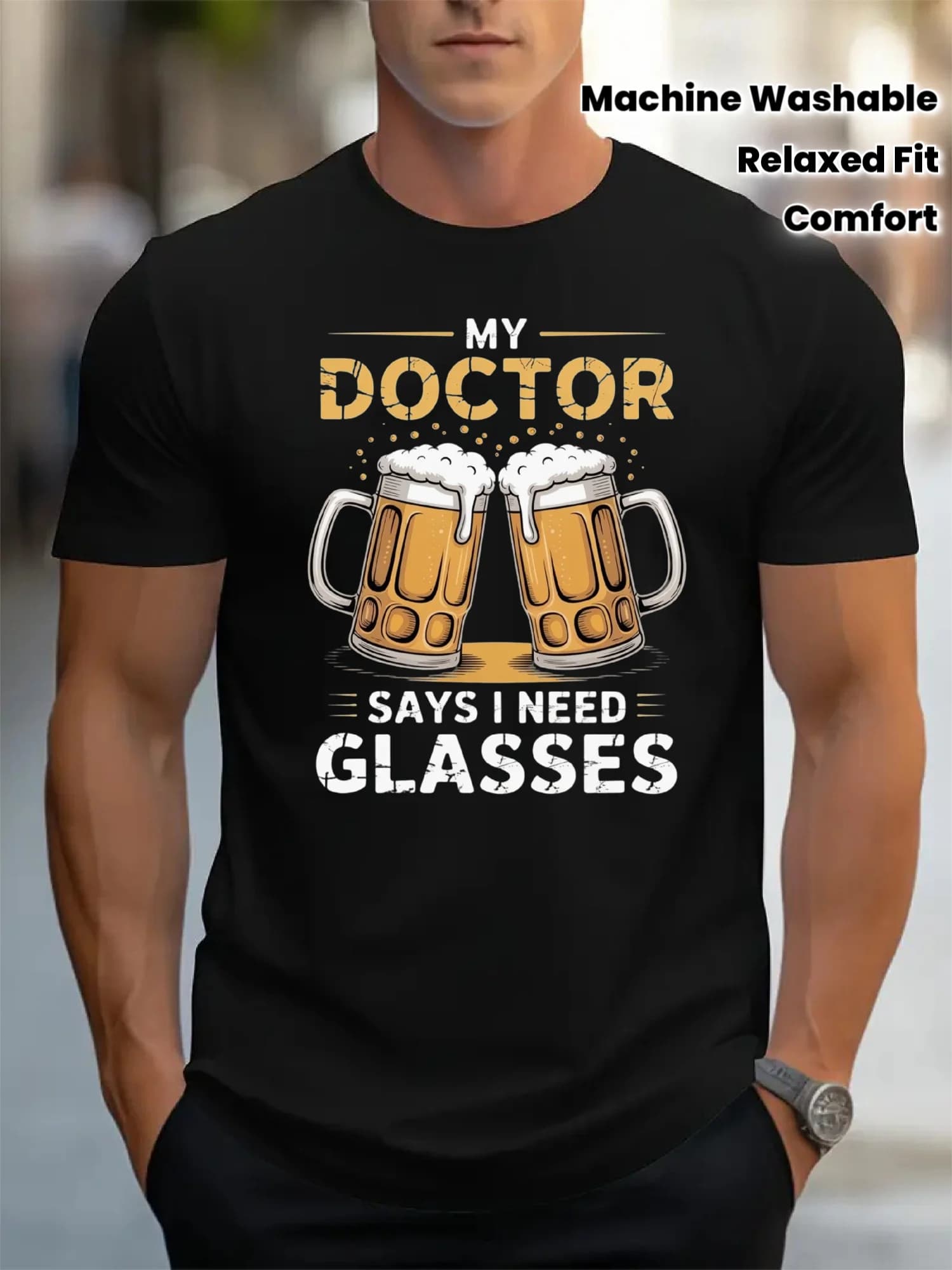 T-shirt da uomo con grafica del mio dottore che ho bisogno di bicchieri e tazza da birra, maglietta morbida girocollo per feste, top a maniche corte