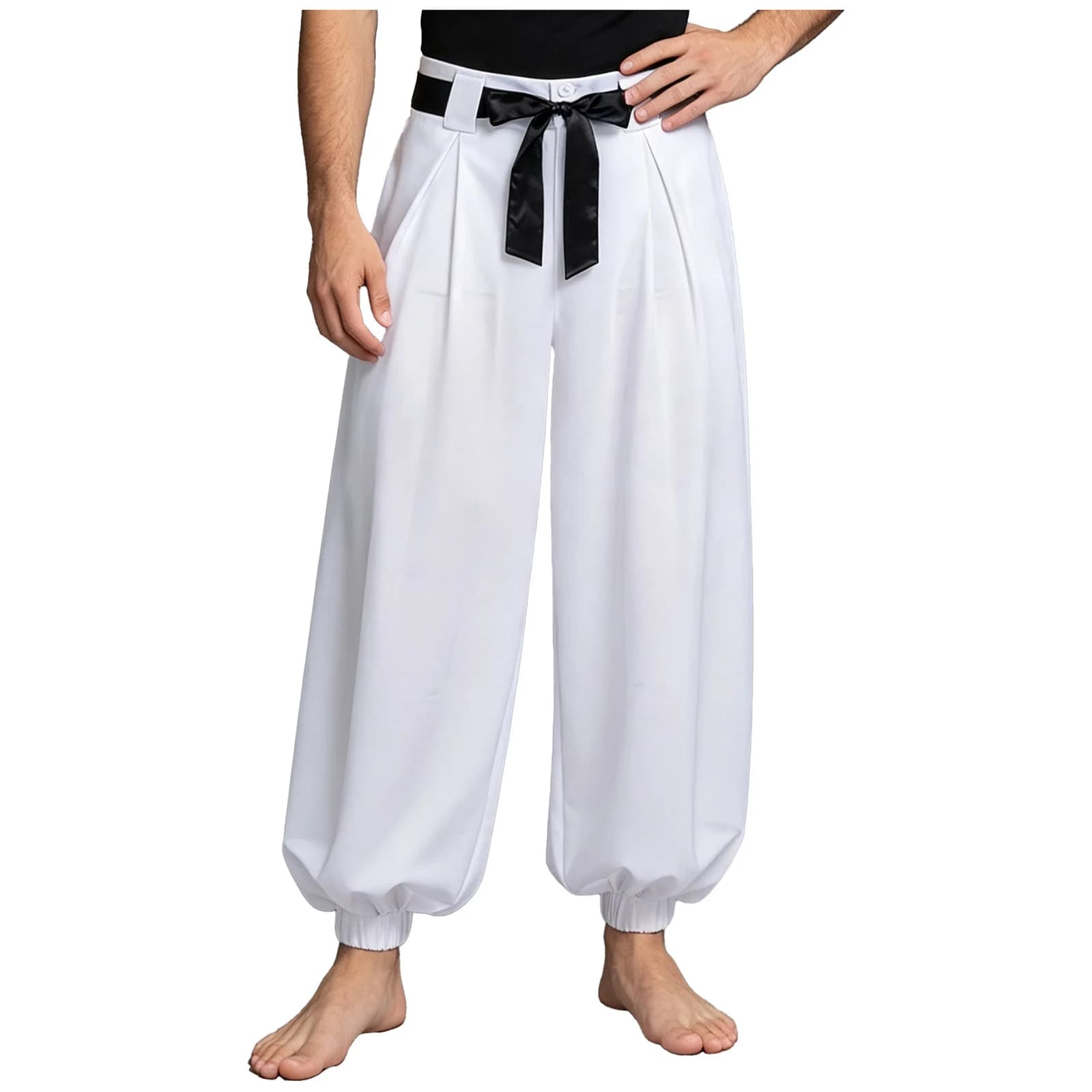 Men Anime Cosplay Harem Pants Buttons Zipper Fly Pleats Bloomers Trousers with Pockets Belt for Halloween Theme Party Daily Life