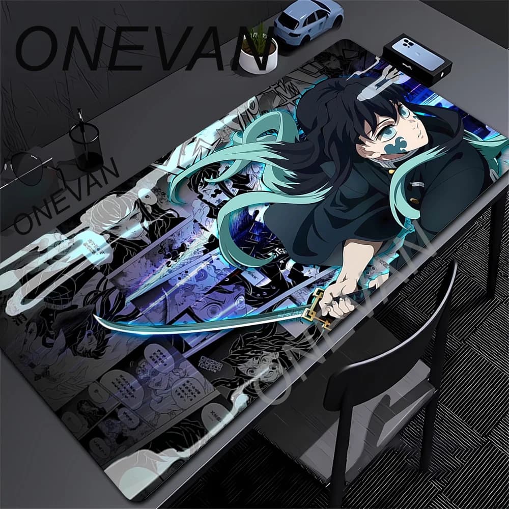Tappetino per mouse Anime Demon Slayer Muichiro, tappetino per tastiera, computer, ufficio, tappetino da gioco XXL in gomma antiscivolo 400X900mm