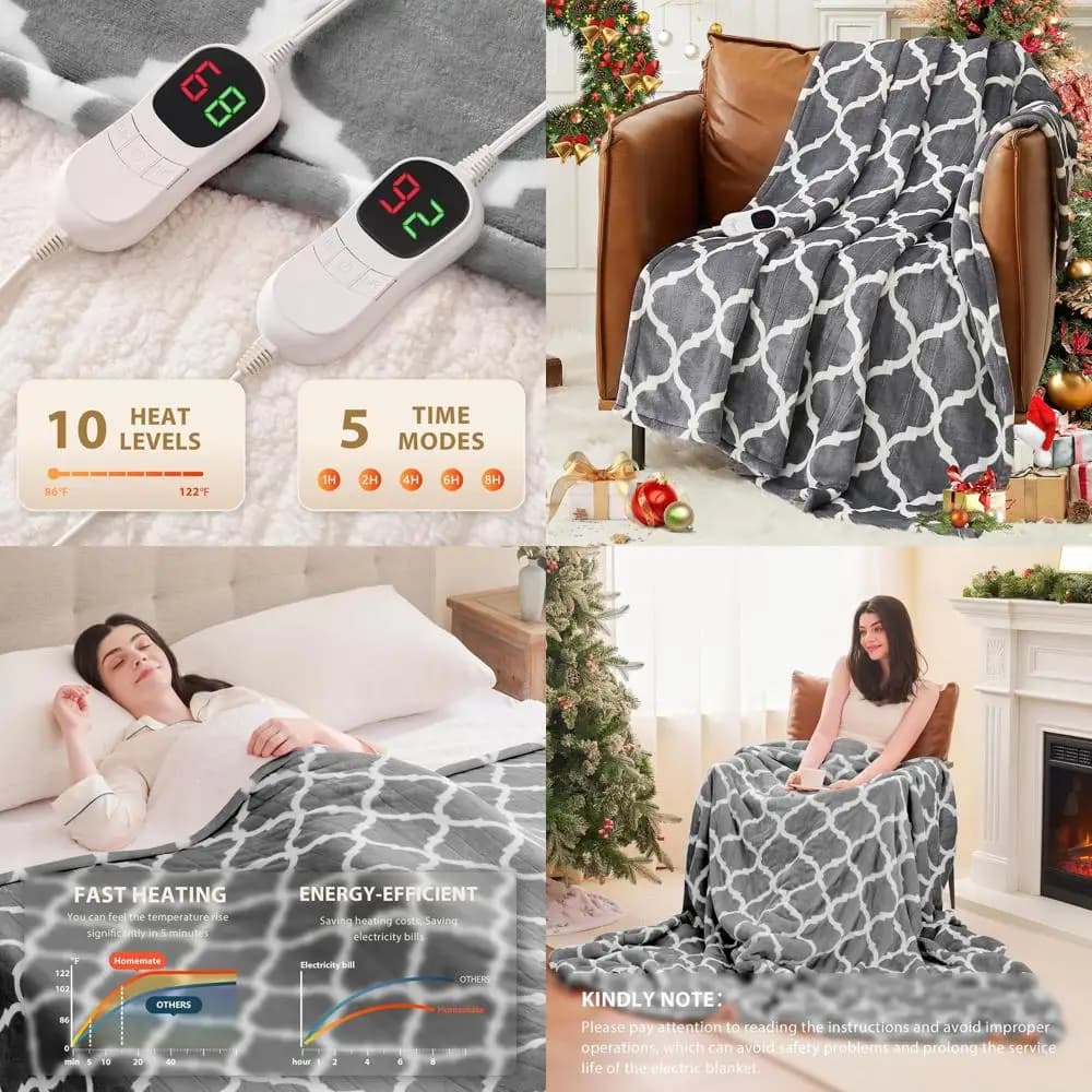 Coperta elettrica Queen Size 84x90 - 10 impostazioni di calore, spegnimento automatico 8 ore, flanella ultra morbida, protezione dal surriscaldamento, certificata ETL