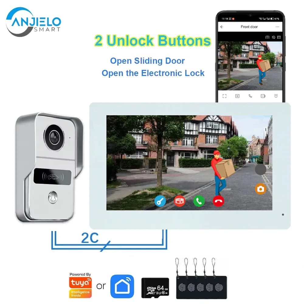 Tuya 1080P 7 e 10 pollici Touch Monitor a colori Impronte digitali Sblocca porta e porta del garage con videocamera Videocitofono Campanello per la casa