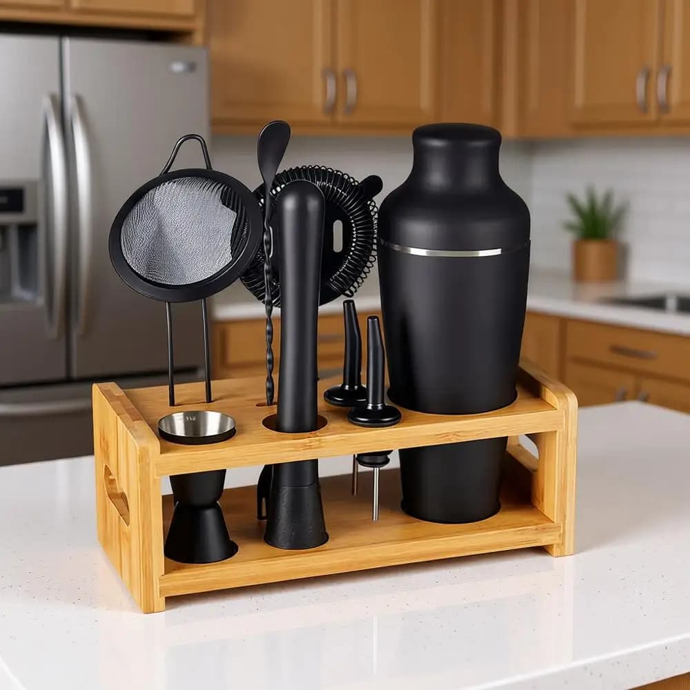 Set da Barman 9 Pezzi con Supporto, Shaker Boston, Cucchiaio da Cocktail, Muddler, Jigger, Strainer a Rete e Regolare