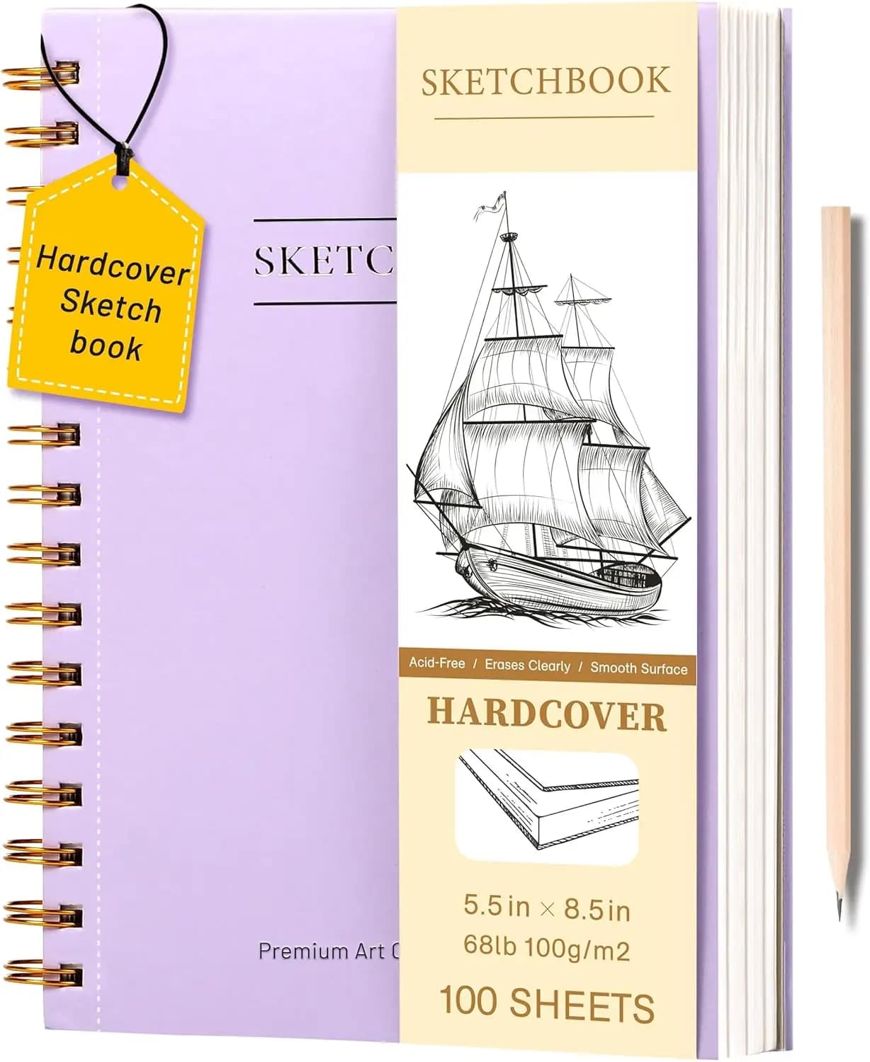 5.5" x 8.5" Sketch Book, 100 Sheets (100gsm) Hardcover Spiral Sketch Pad for Drawing, Purple