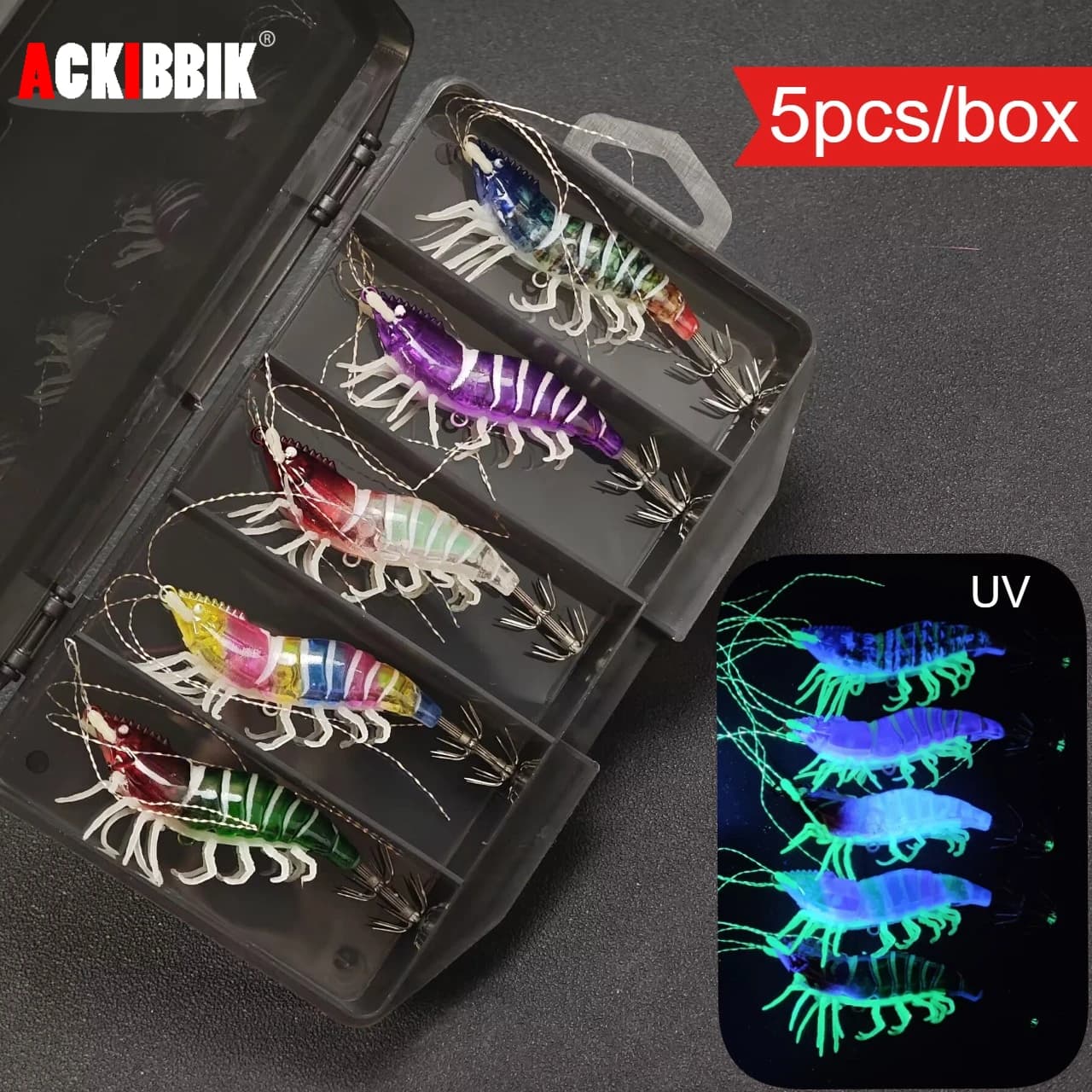 Set of 5 horizontal squid baits with tool box, 8 cm UV shrimp simulation fishing bait, light bait for octopus and cuttlefish