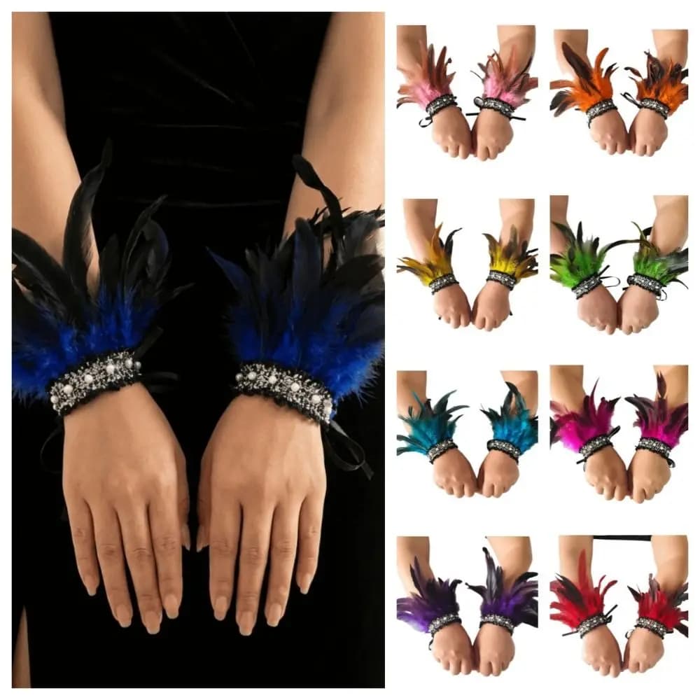 Vintage Lace Feather Wrist Cuffs Adjustable Pearl Halloween Arm Cuff Gothic Gloves Plume Bracelet Carnival