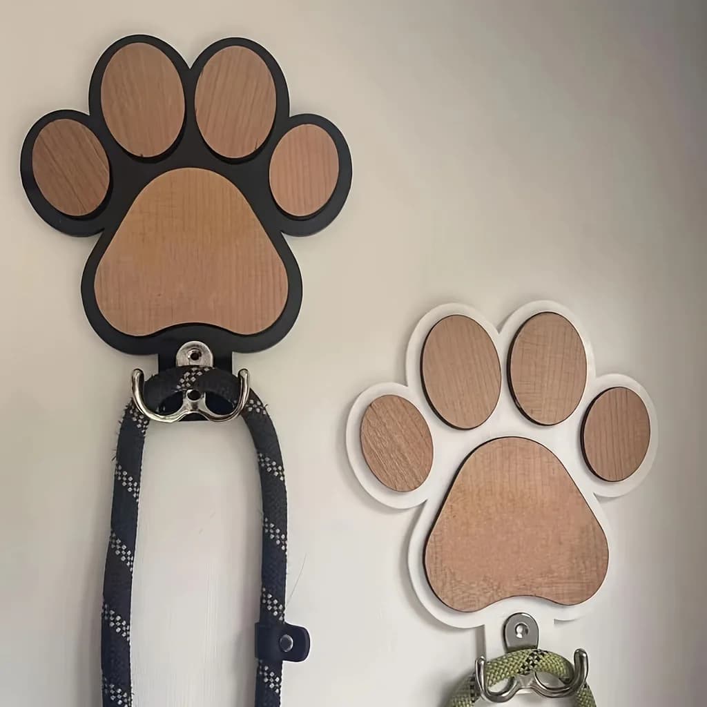 Gancio da Parete in Legno Personalizzabile con Nome dell'Animale Domestico e Impronta della Zampa per Guinzagli, Collari e Vestiti - Gancio a Forma di Zampa in Legno
