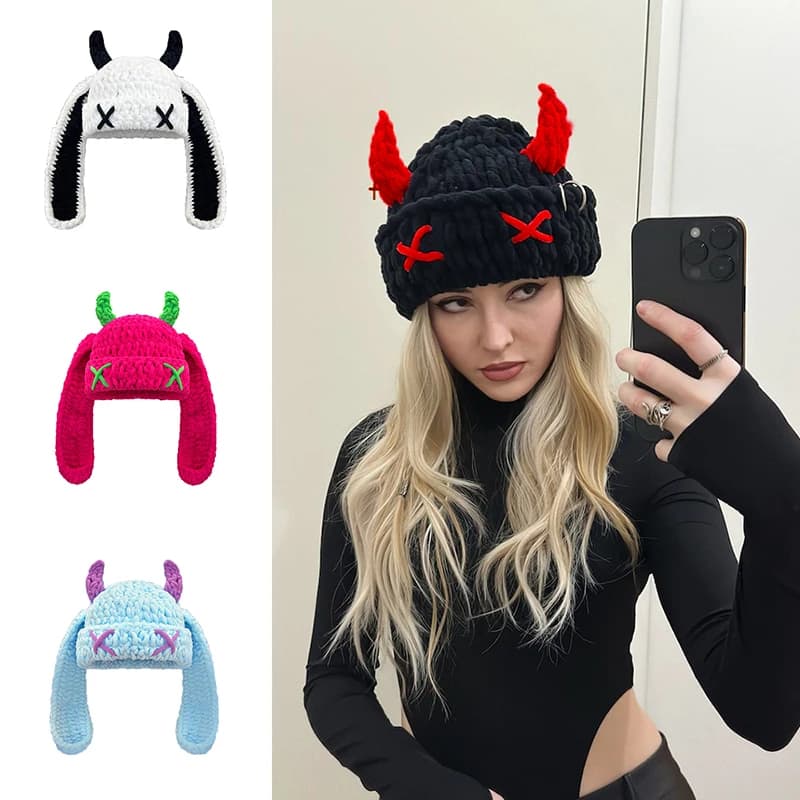 Unisex Autumn Winter Handmade Crochet Knitted Hat Soft Warm Long Ear Beanie Hat Men Women Casual Y2K SkullCap Hats Ski Caps