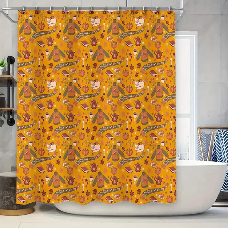 Tenda da doccia con zucca e spezie, raccolta autunnale, foglie autunnali, decorazioni per il Ringraziamento, set da bagno rustico per fattoria