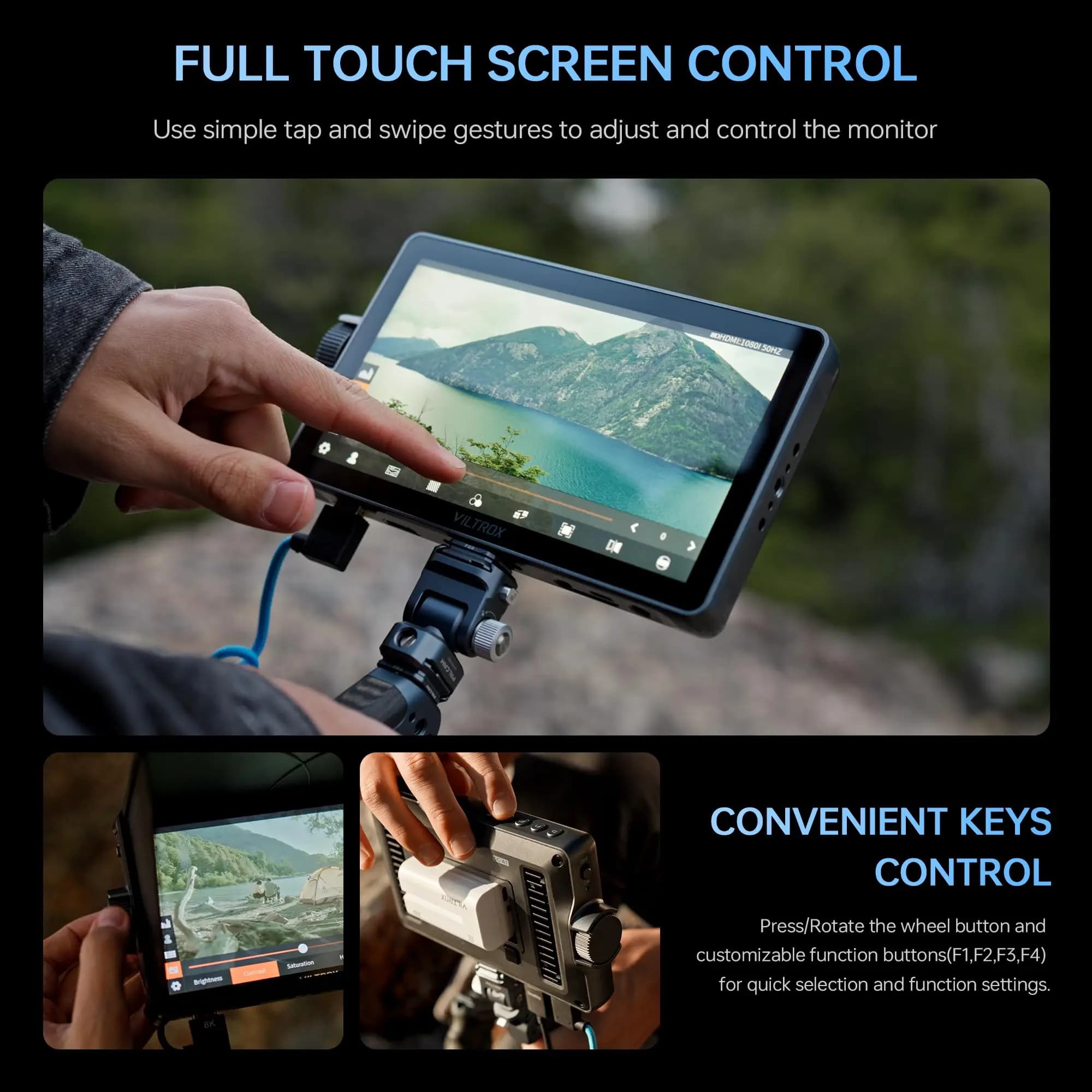 VILTROX DC-A1 Camera Monitor 7'' Touchscreen Camera Field Monitor 2800nits 4K HDMI in/Out 3D LUT with Sunshade Hood and Battery