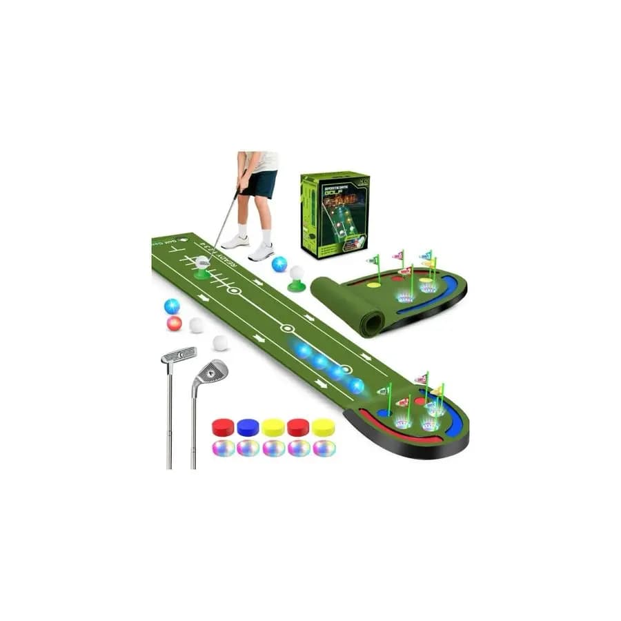 Tappetino da Golf per Bambini, Putting Green con Buche Luminose a LED, Palline Fluorescenti, 2 Mazze, Set da Golf Giocattolo, Tappetini da Golf per Interni ed Esterni