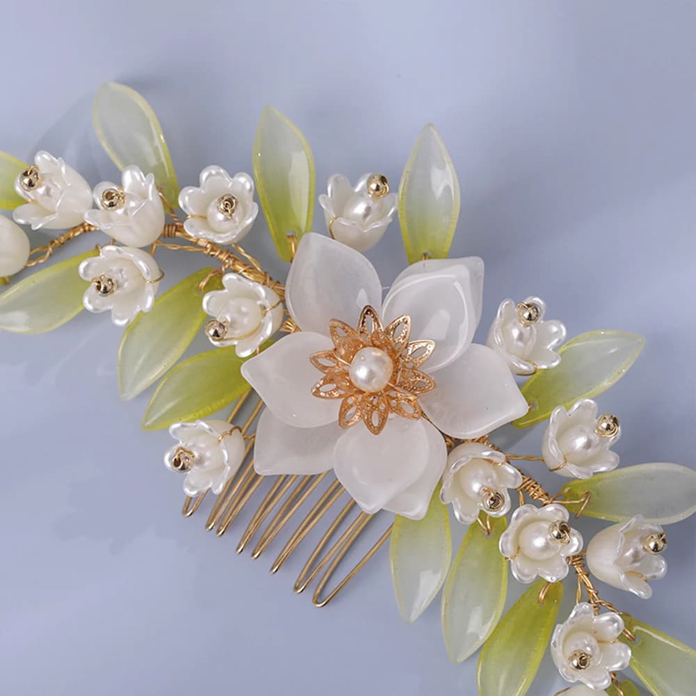 Pettine per capelli floreale, accessori per capelli Hanfu cinesi da donna, forcina in lega con fiore verde, fermagli per capelli, copricapo floreale con perle da donna