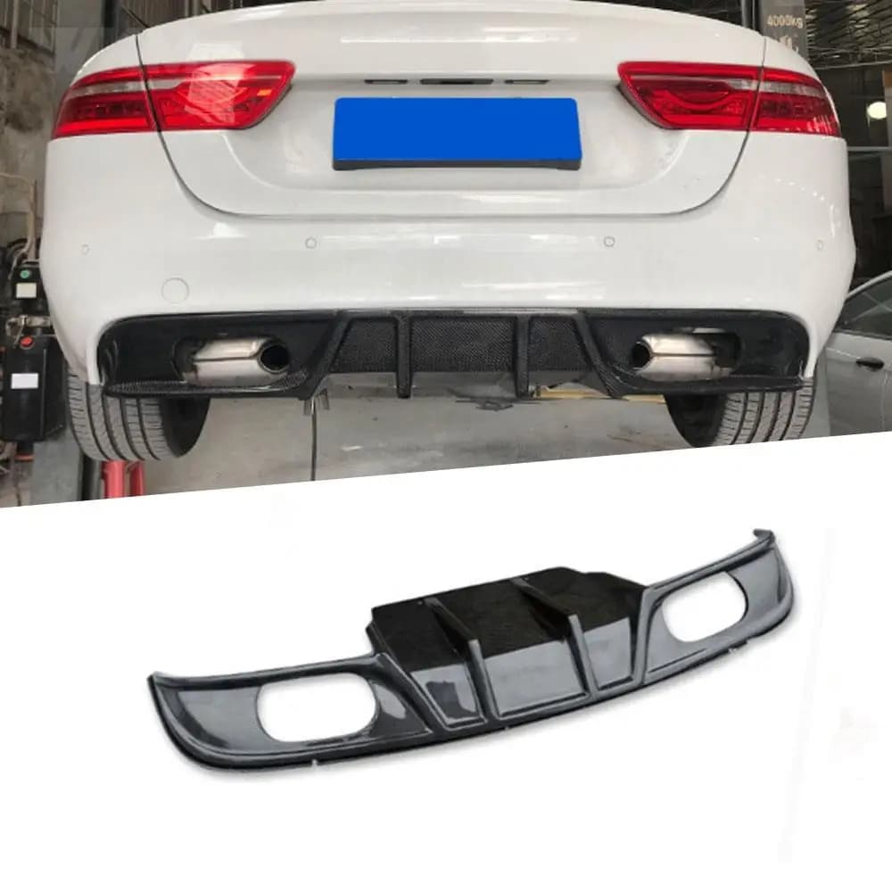 JIACHE carbon fiber rear diffuser for Jaguar XF Sedan 2015-2018, four-output FRP spoiler, shark fin style, rear bumper protection.