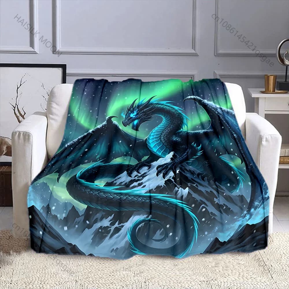 Coperta in flanella con stampa drago blu e aurora, disponibile in diverse misure, morbida e calda per tutte le stagioni, per casa, campeggio, picnic, camper