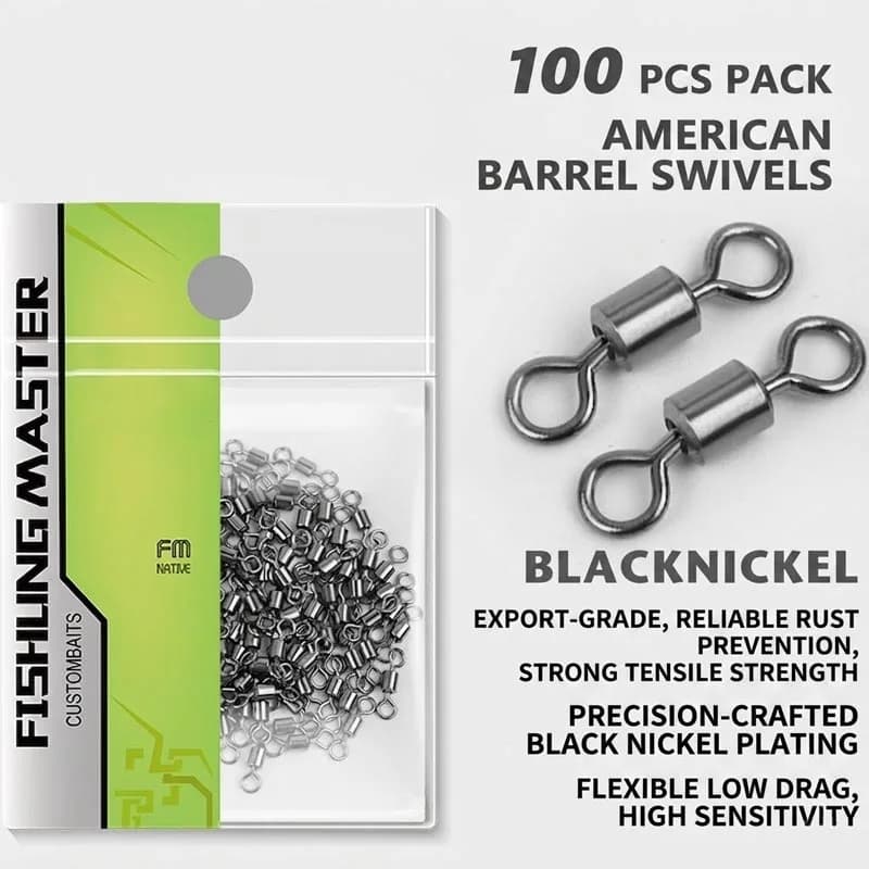 Fishing Barrel Swivels Stainless Steel American Solid Rings Black Nickel Lure Connectors High Strength Terminal, 100PCS
