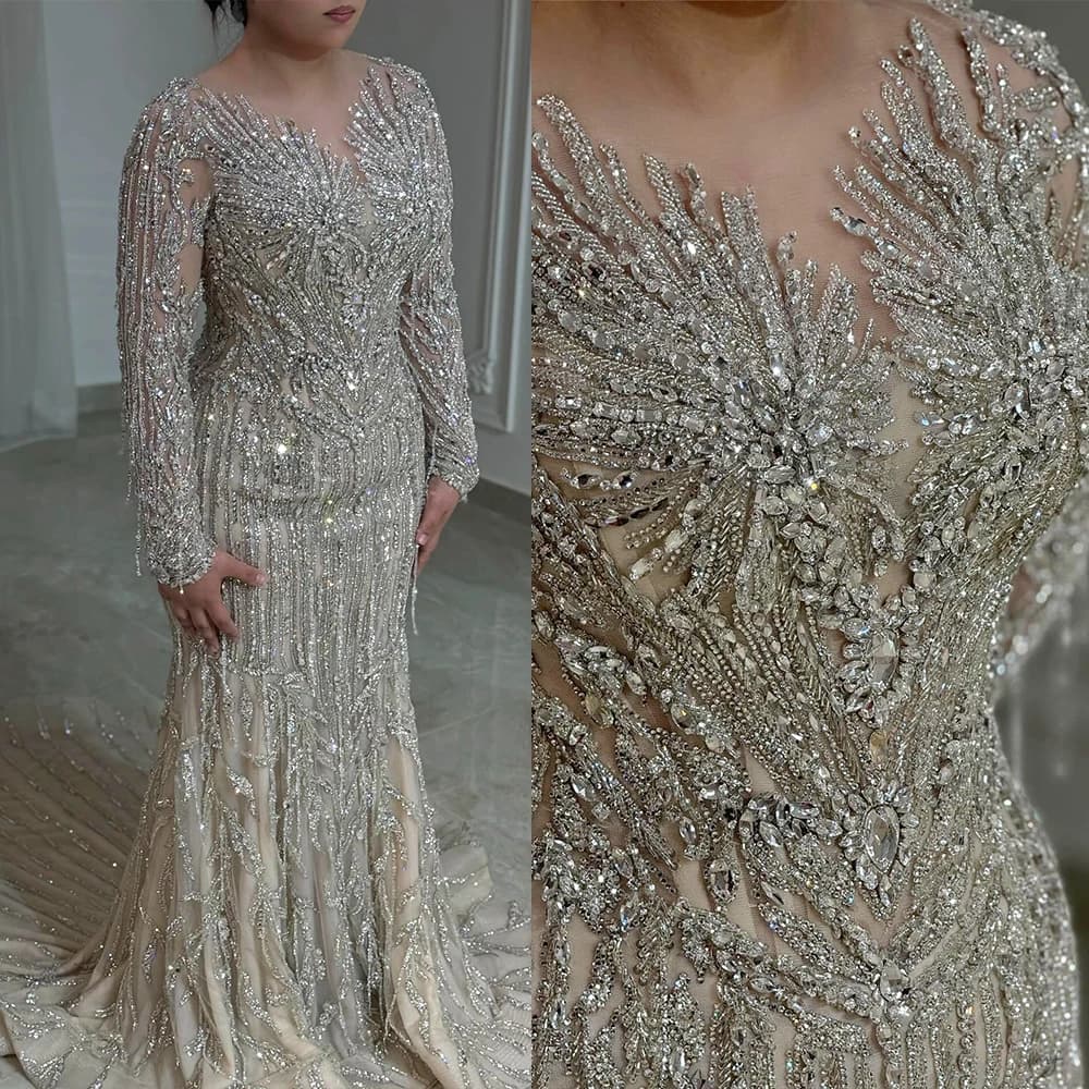 Splendidi abiti da sera da donna con collo gioiello maniche lunghe abiti da ballo paillettes di cristallo abito da treno per la festa abito su misura