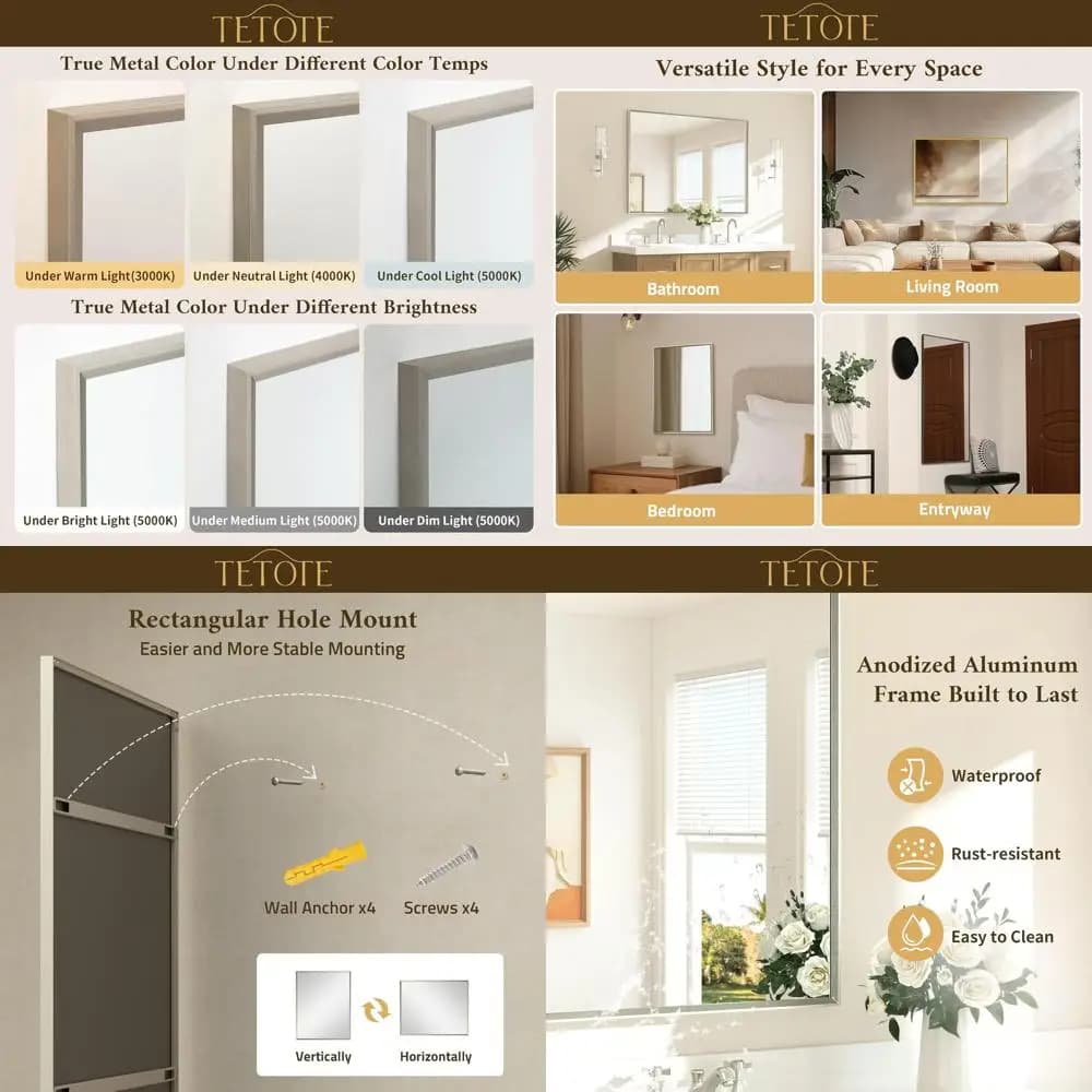 Specchio rettangolare smussato con cornice in nichel spazzolato 40x24 pollici per bagno, camera da letto, ingresso, soggiorno