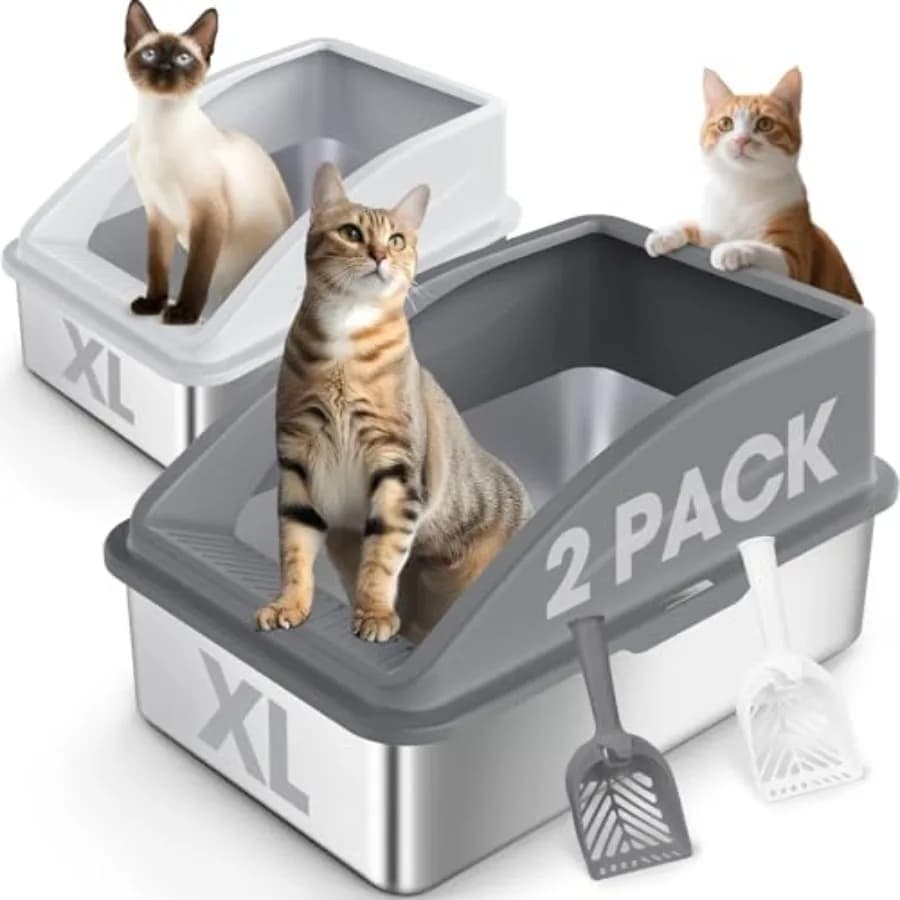 Set di 2 Lettiere per Gatti XL in Acciaio Inox con Coperchio, per Gatti Grandi e Multi-Gatti, con Bordi Alti, Anti-Perdita di Urina