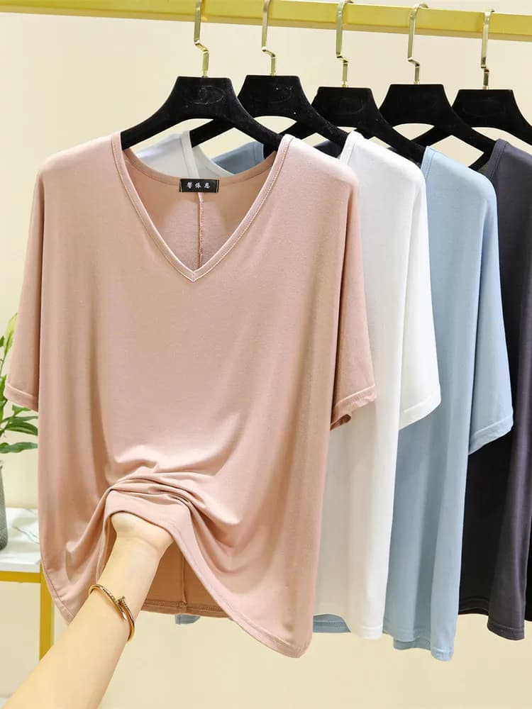 Loose V-Neck Short Sleeve T-Shirt Women Summer Modal plus Size Simple Color Thickened Base Shirt Thin Model