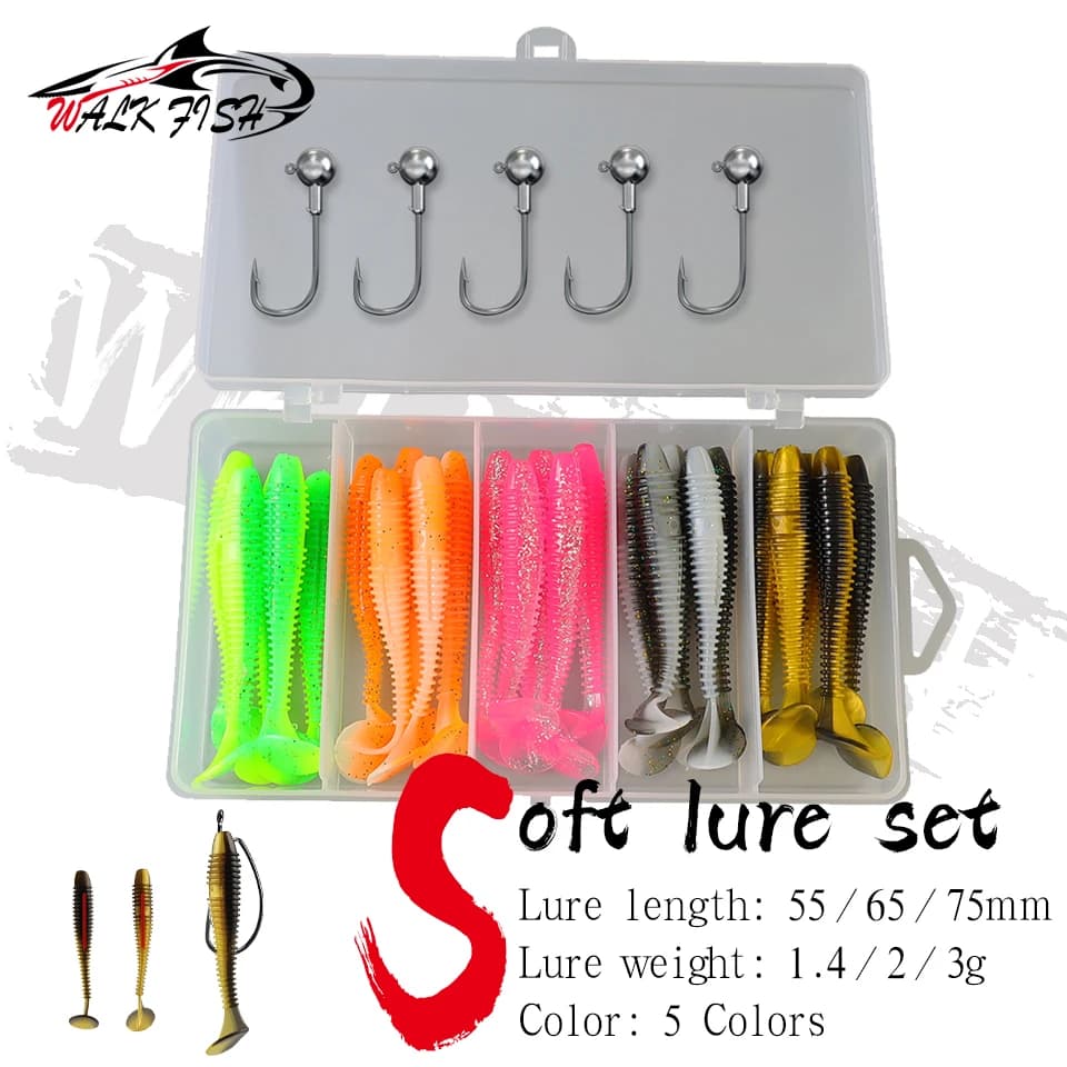 CAMMINARE PESCE 30 Pz/Box Soft Fishing bait Set 55/65/75 MILLIMETRI Artificial bait Richiamo Worm With Jig Head Hooks For Bass Fishing Equipment