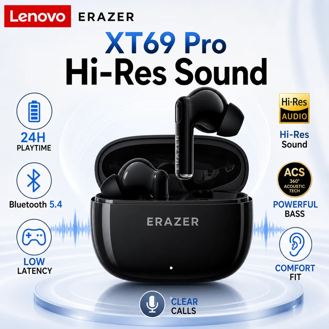 Lenovo ERAZER XT69 Pro Gaming Wireless Earbuds Bluetooth 5.4 TWS Low Latency Half In-Ear HiFi Stereo Sport Headset 24H with Mic