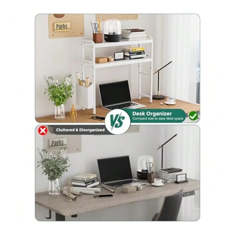 Scaffale da scrivania per negozio di articoli di cancelleria, supporto per monitor con ripiani regolabili e tasche laterali, organizer da scrivania a 2 livelli, grande