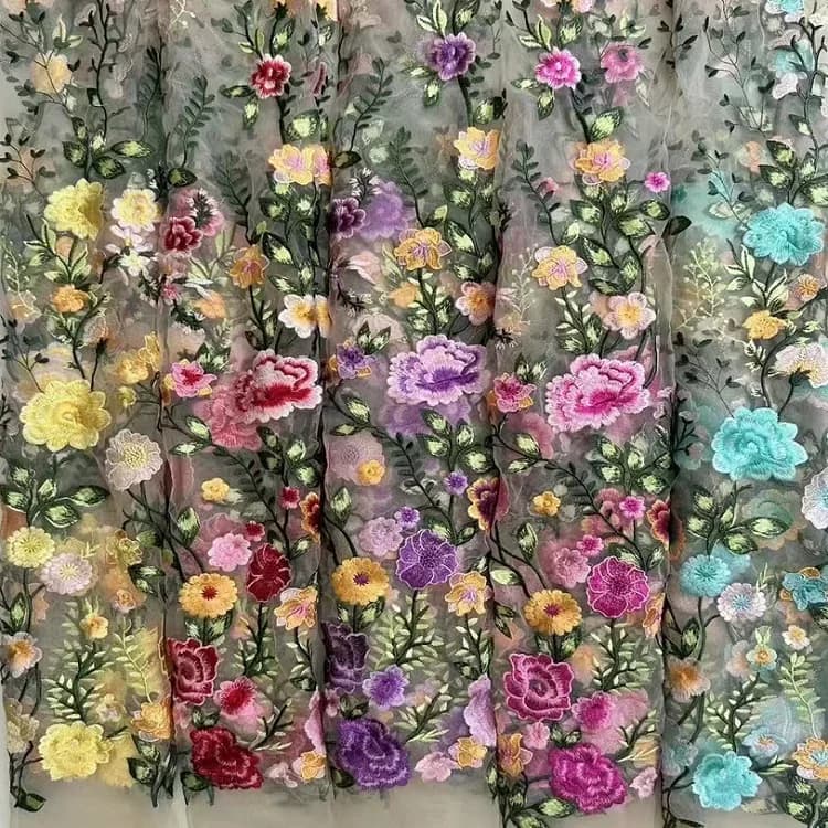 130cm Wide New Arrival Colorful Rose Embroidered Mesh Fabric–Botanical Tulle Lace for Evening Gowns Wedding Dresses