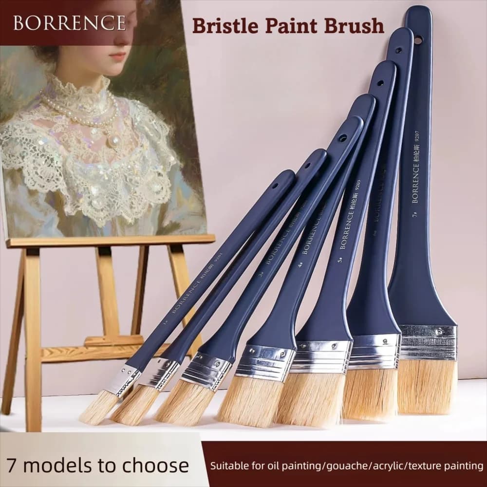 Borrence 1-7pcs/Set Flat Bristle Brush Wooden Handle Paint Brushes for Acrylic Painting Wall Oil Gouache Watercolor Art Supplies