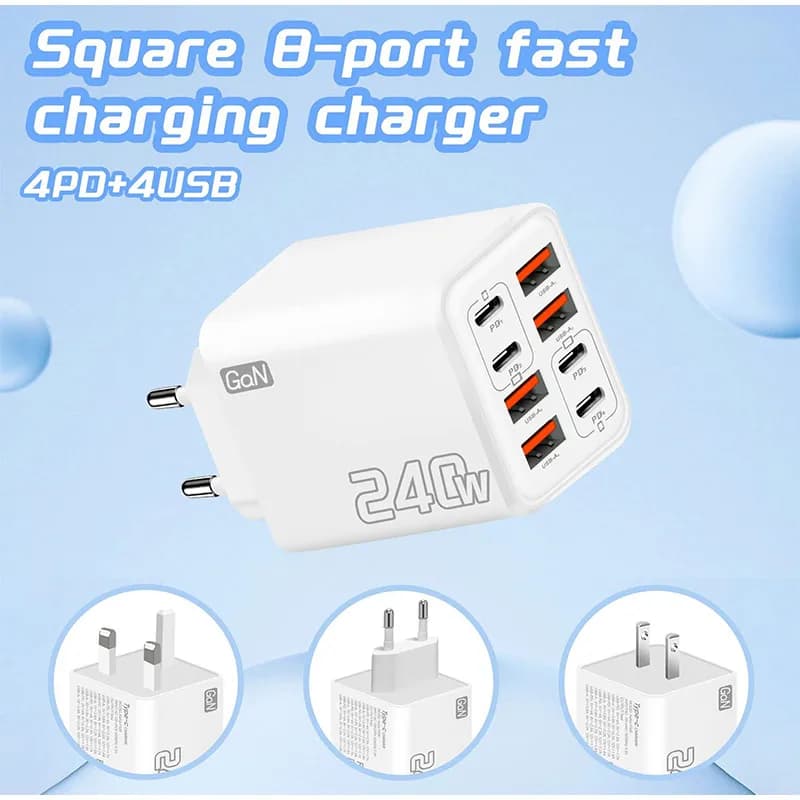 8 in 1 GaN Desktop USB Phone Charger 240W PD Fast Charger 4PD+4USB EU US Plug Power Adapter For iPhone 16 15 Pro Samsung Xiaomi
