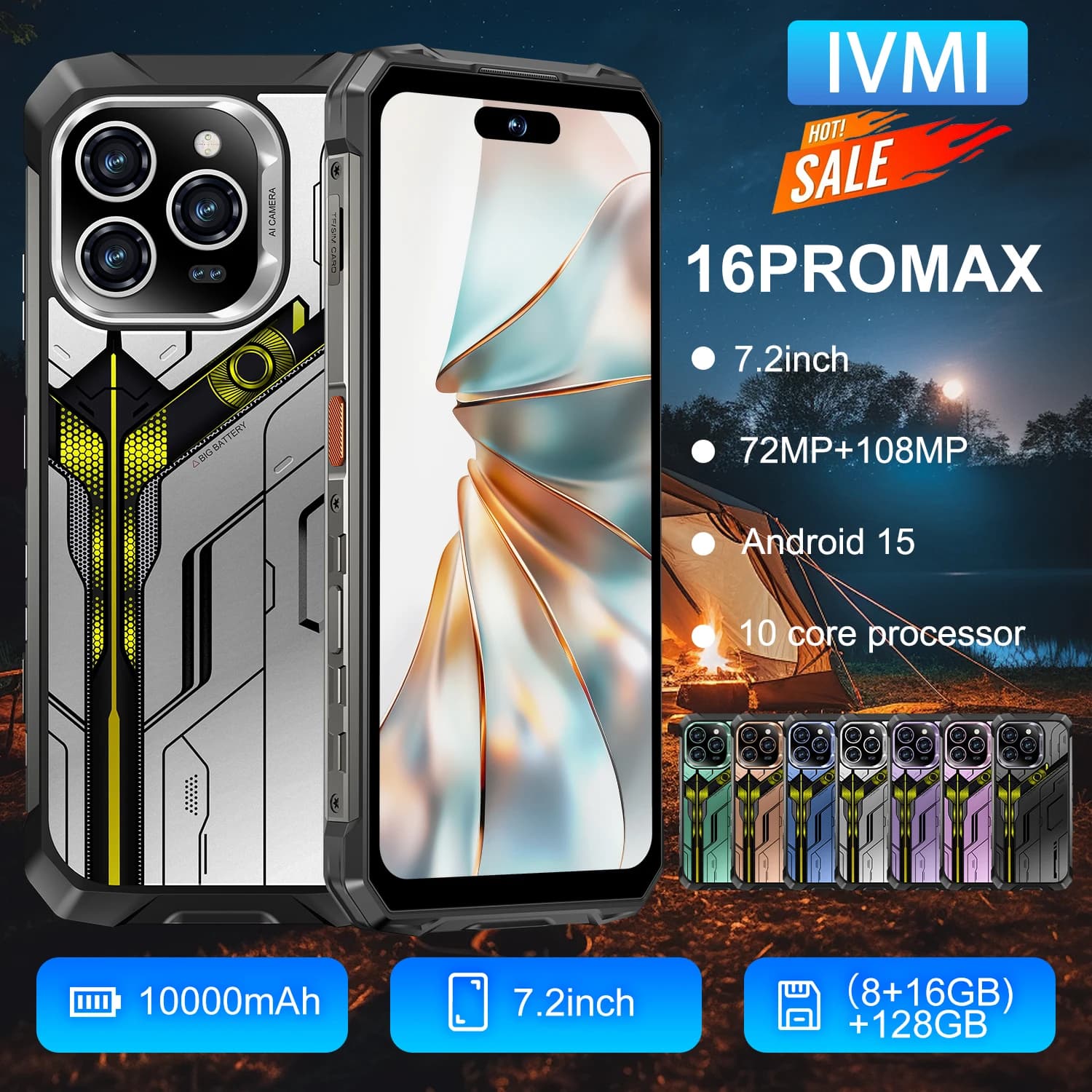 [NUOVO] Telefono robusto IVMI, 24 GB + 128 GB RAM 10000 mAh 16PROMAX Telefono cellulare antipolvere e impermeabile, Android 15 7.2" NFC 108 MP