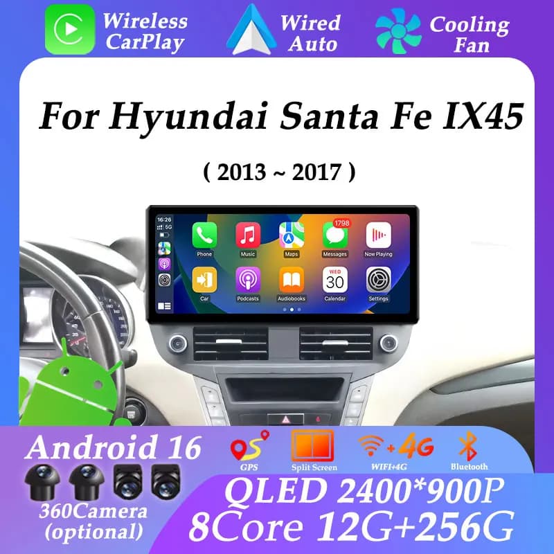 12.3 inch Car Radio Android 16 for Hyundai Santa Fe IX45 2013 - 2017 Carplay UItra-thin Screen Split Screen GPS Navi WIFI DSP BT