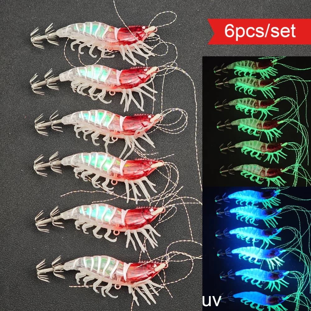 Set di 6 esche artificiali luminose UV per la pesca orizzontale (Egi) a forma di gamberi e calamari, ideali per la pesca in acqua salata di seppie e polpi