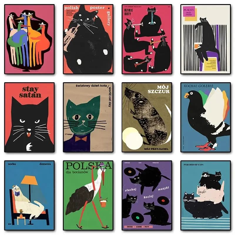 Poster Originale Polacco Divertente e Astratto con Animali, Stampa su Tela, Decorazione Murale per il Giorno del Gatto, Cani e Cicogne, per Club, Sala, Casa e Bar
