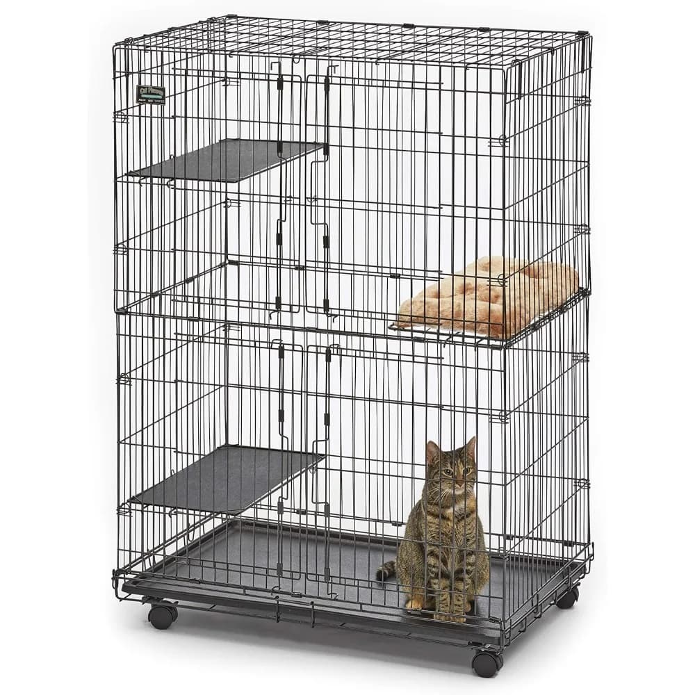 Box per gatti da interno pieghevole in metallo, gabbia include ruote di bloccaggio, 3 piattaforme, vassoio rimovibile, letto in peluche, S