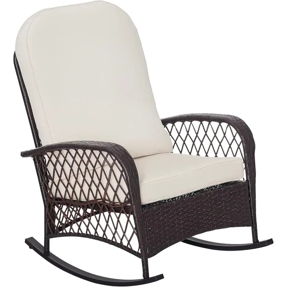 Outdoor wicker rocking chair with large seat, thick pillow, rattan pendant with steel structure for patio, garden, courtyard, cream color