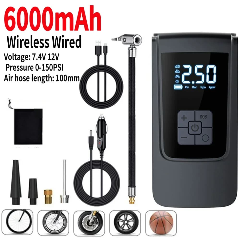 Compressore d'aria portatile wireless e cablato da 6000mAh 7.4/12V per auto, gonfiatore elettrico per pneumatici da 150PSI per moto e biciclette