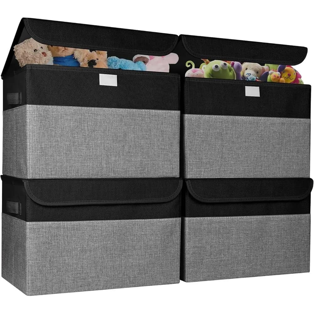 Organizer pieghevole per cubo portaoggetti da 22 Qt con coperchio e maniglie, cestino multiuso per casa e ufficio, nero/grigio, confezione da 4, 14,6x9,5