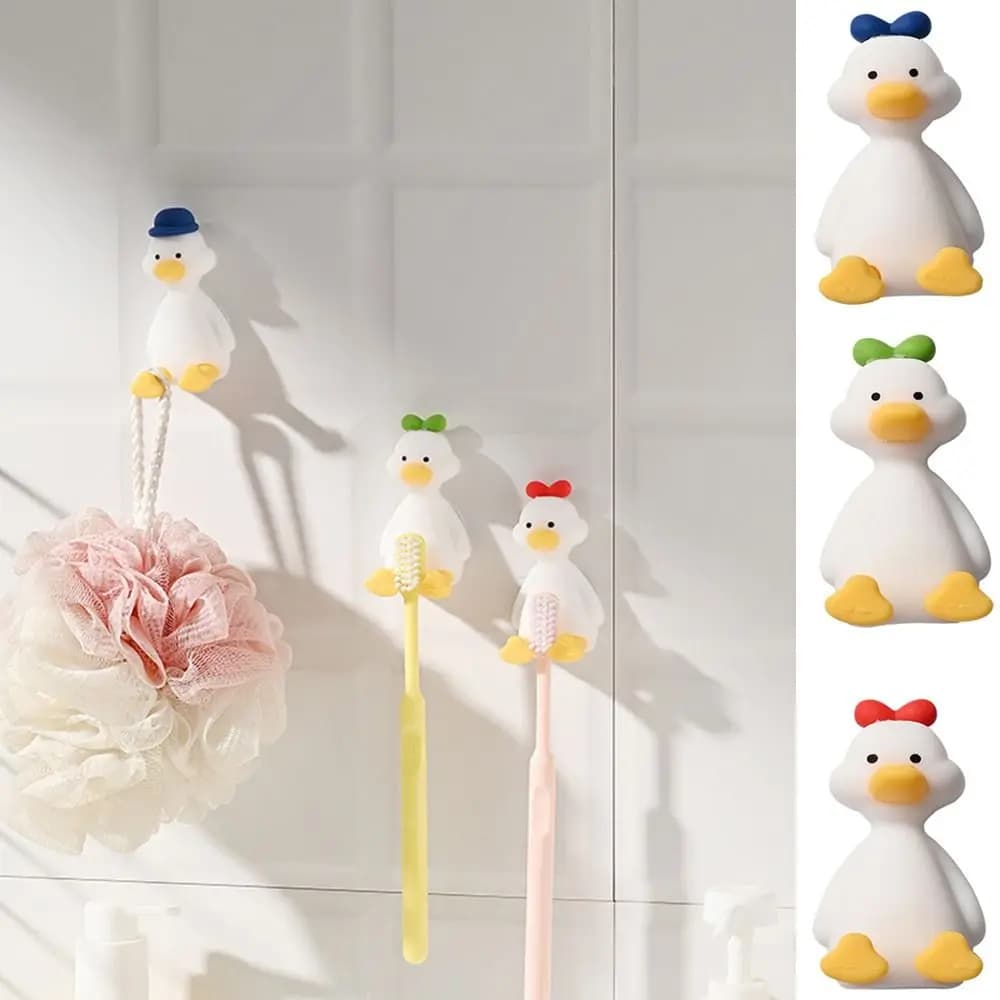 Portaspazzolino in silicone a forma di anatra, tridimensionale, senza perforazione, con ventosa, gancio portaoggetti salvaspazio, porta spazzolini per bambini