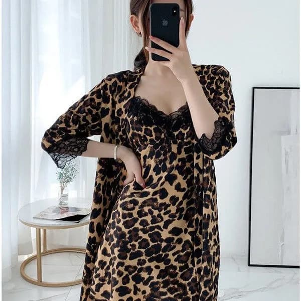 Women's lace satin kimono bath dress with nightgown whichmises 2 pieces leopard dress sexy set with V-neck straps nightgown and bathrobe