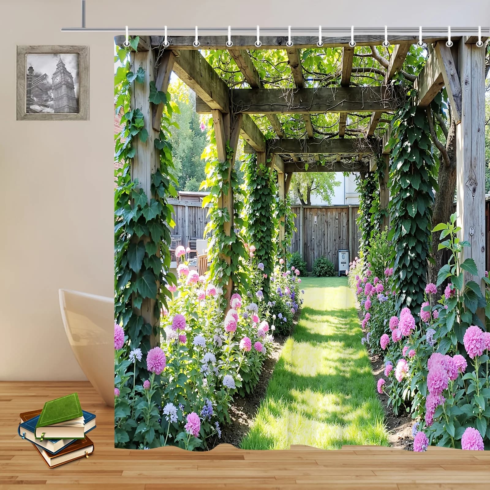 Affascinante tenda da doccia pergolato da giardino: stravagante arredamento da bagno, perfetta per i disegni di cui amano ispirati alla natura e serene